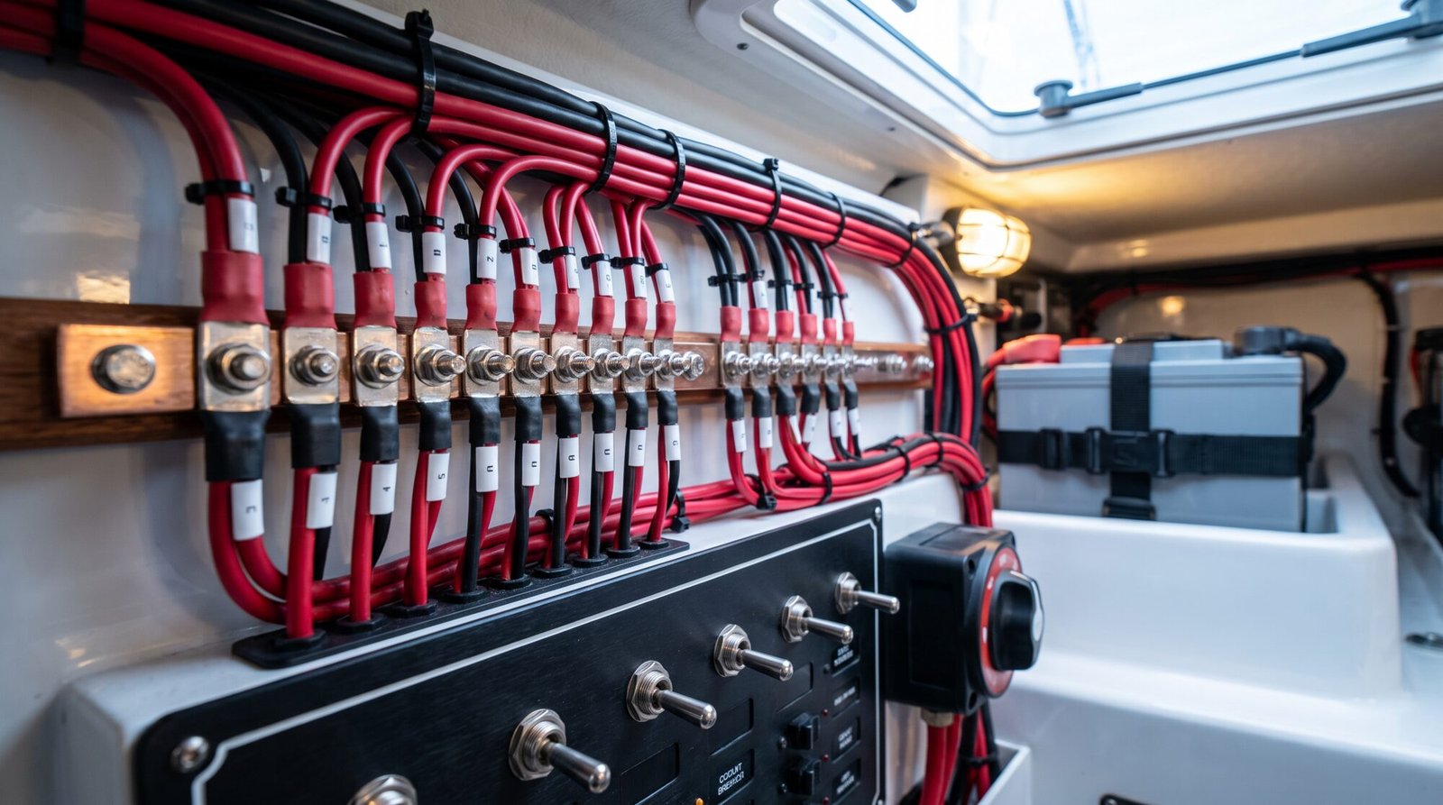 A neatly loomed marine DC installation: labelled tinned cable, heat-shrink terminations on a copper bus bar and a breaker panel.