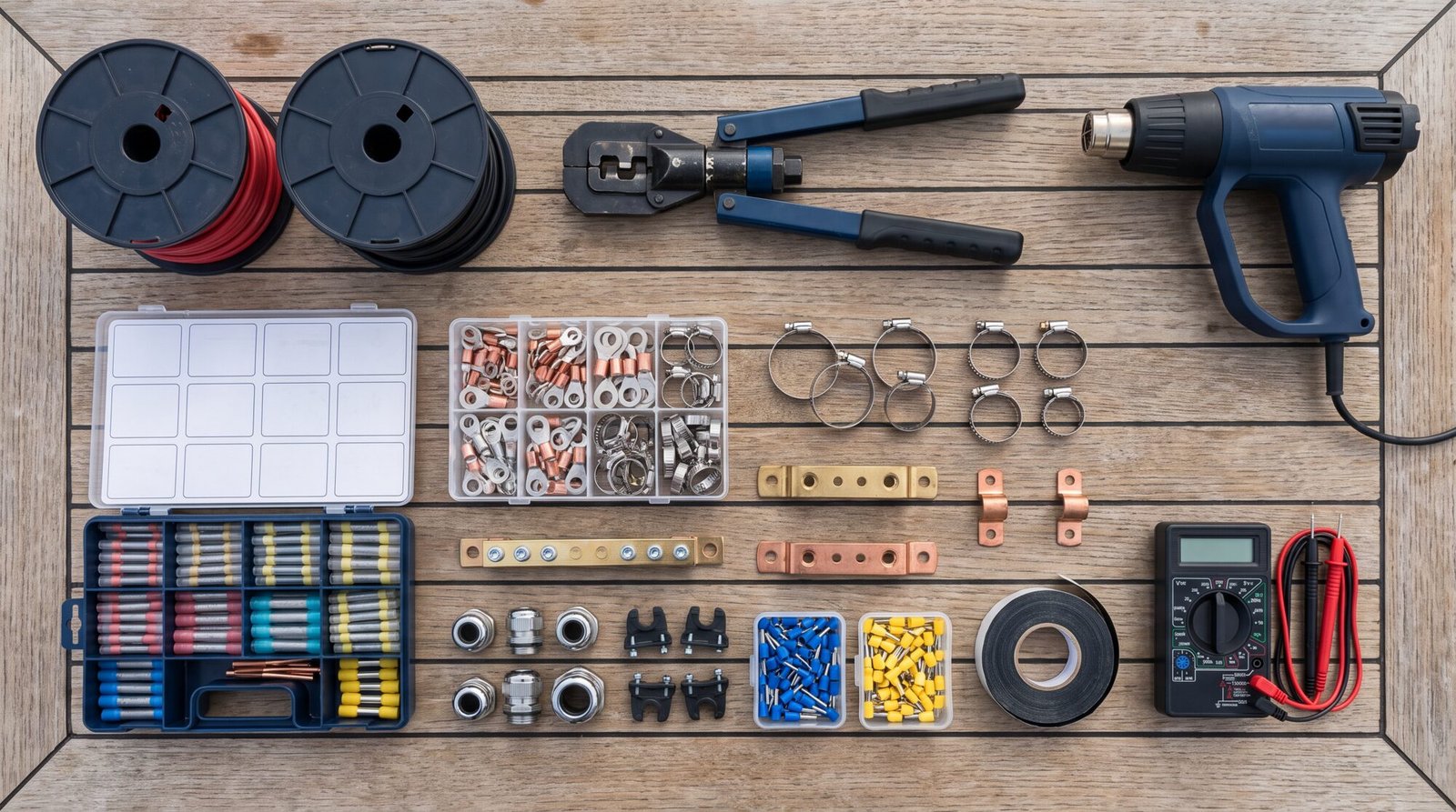 Overhead view of marine installation supplies laid out on a teak bench: tinned cable spools, crimp tool, heat gun, heat-shrink connectors, bus bars, glands and ferrules.