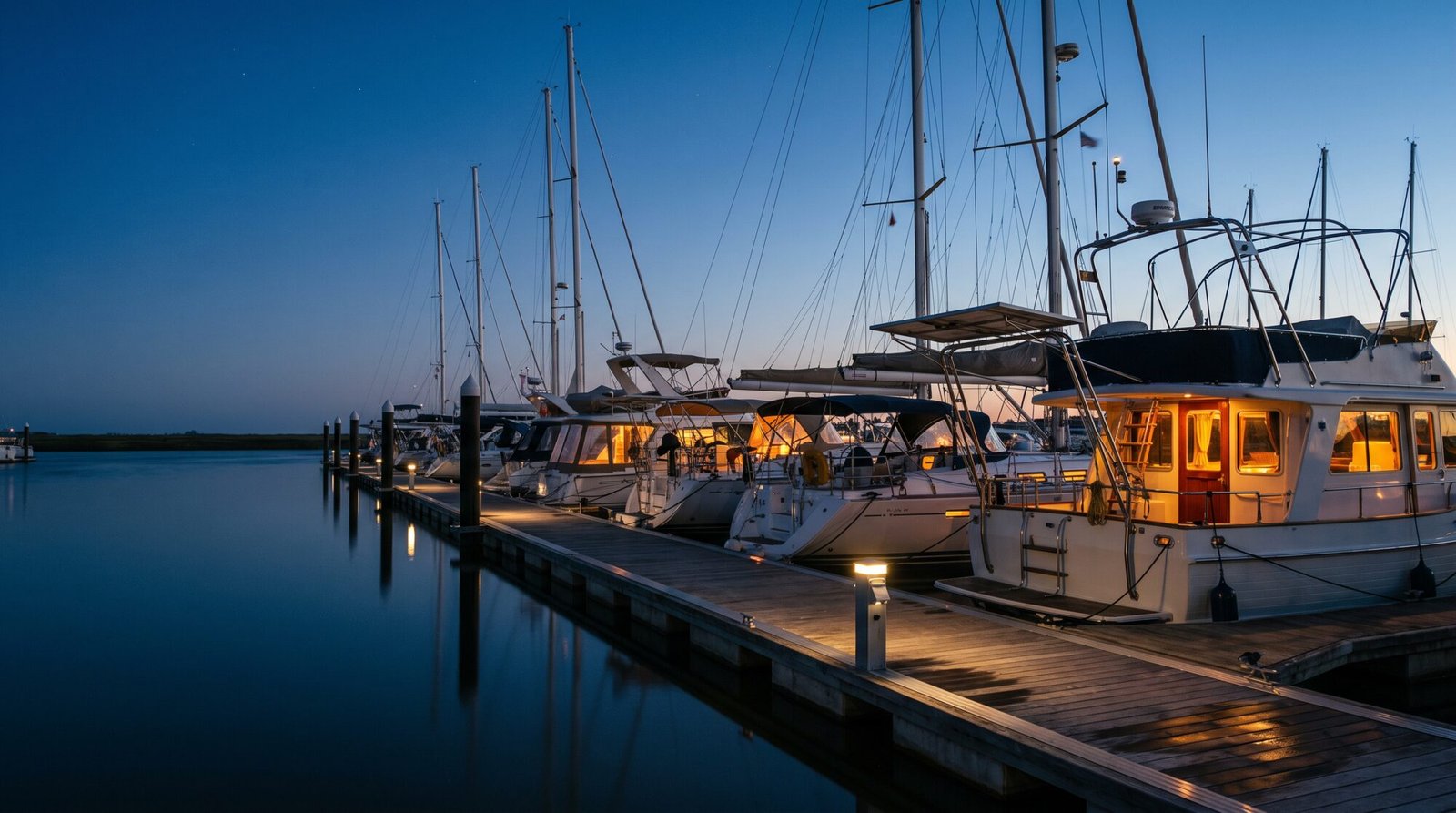 Cruising sailboats and a trawler moored along a floating dock at blue hour, warm cabin lights reflecting on flat water.
